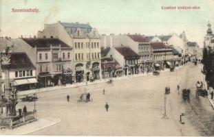 1911 Szombathely, Erzsébet királyné utca, Szentháromság szobor, Schuster Gyula üzlete