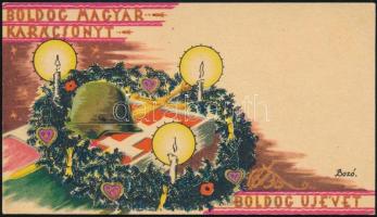 cca 1940 Bozó Gyula (1913-2004) grafikájával díszített karácsonyi-húsvéti használatlan üdvözlőkártya