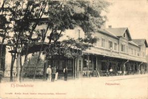 1908 Dombóvár, Újdombóvár; Pályaudvar, vasútállomás, létra, vasutasok. Kiadja Bruck Sándor + Újdombóvár Pályaudvar pecsét
