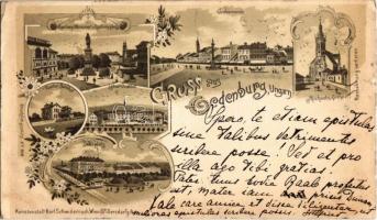 1899 Sopron, Oedenburg; Várkörút, Mihály templom, Deák tér, Széchenyi szobor és tér, Soproni Győri (GySV) vasútállomás régi felvételi épülete a kibővítés előtti állapotában (Raaber Bahnhof). Kunstanstalt Karl Schwidernoch Art Nouveau, floral, litho (EK)