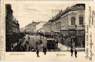 1904 Miskolc, Széchenyi utca, villamos, Rosenberg Gyula szőnyegáruháza, üzletek. Vadász M. kiadása