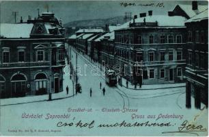 1901 Sopron, Erzsébet út télen, villamos, Fonciere pesti biztosító