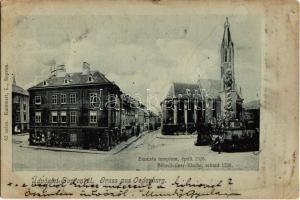 1902 Sopron, Oedenburg; Bencés templom (épült 1526), Szentháromság szobor, gyógyszertár (r)