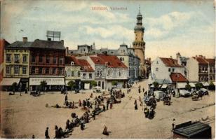 1912 Sopron, Oedenburg; Várkerület, piac árusokkal, Varga József, Kopstein Samu, Ferigo Kristóf üzlete, piac, várostorony