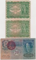 Vegyes 10db-os korona bankjegy tétel, közte két osztrák darab illetve 1913. 20K II. kiadás, piros MAGYARORSZÁG körbélyegzővel T:III-IV