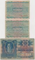 Vegyes 10db-os korona bankjegy tétel, közte két osztrák darab illetve 1913. 20K II. kiadás, piros &q...