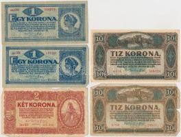 Vegyes 10db-os korona bankjegy tétel, közte két osztrák darab illetve 1913. 20K II. kiadás, piros &q...