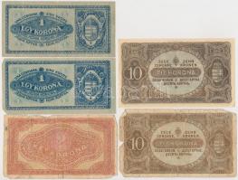 Vegyes 10db-os korona bankjegy tétel, közte két osztrák darab illetve 1913. 20K II. kiadás, piros &q...