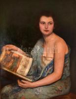 Knopp Imre (1867-1945): Lány könyvvel. Olaj, karton, jelzett, keretben, 90×70 cm