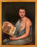 Knopp Imre (1867-1945): Lány könyvvel. Olaj, karton, jelzett, keretben, 90×70 cm