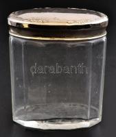 Üveg fűszertartó, fém fedővel, csorbával, m: 8,5 cm