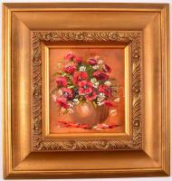 Máthé Márk Eduárd (1967-): Pipacsos csendélet. Olaj, farost, jelzett, keretben, 18×16,5 cm