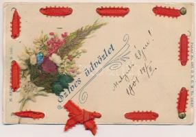 Szíves üdvözlet. Élővirágos üdvözlőlap / Greeting card with real flower. H. Seidl, Gablonz patent No. 4267. DRGM No. 100.013. (EK)
