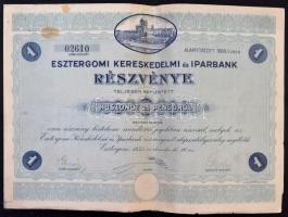 Esztergom 1932. "Esztergomi Kereskedelmi és Iparbank" részvénye teljesen befizetett 25P-rő...