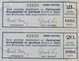Esztergom 1932. "Esztergomi Kereskedelmi és Iparbank" részvénye teljesen befizetett 25P-rő...