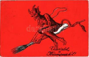 1933 Üdvözlet a Krampusztól! / Krampus greeting art postcard with Krampus flying on a broomstick (szakadás / tear)