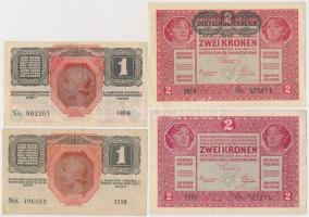 1916. 1K (2x) egyik zöld "DEUTSCHÖSTERREICH" felülbélyegzéssel + 1917. 2K (2x) egyik zöld ...