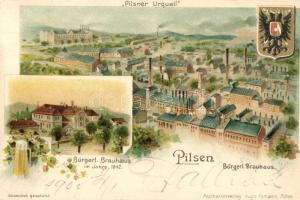 1900 Plzen, Pilsen; Pilsner Urquell Bürgerl. Brauhaus / brewery, coat of arms. Postkartenverlag Hug Fomann Art Nouveau, floral, litho