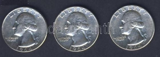 USA 1964. 1/4$ Ag "Washington" (3x) T:3 ph