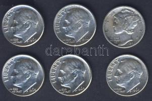 USA 1941. 10c Ag "Mercury" T:3 + 1960-64. 10c Ag "Roosevelt" (5x) T:2,2/3,3