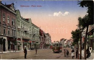 1915 Debrecen, Piac utca, villamos, Singer & Co. varrógépek, Miklós és Kertész banküzlete, női kalap üzlet, Korona üzlet