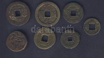Kína 6db régi rézpénz + India 1db régi pénz T:vegyes