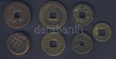 Kína 6db régi rézpénz + India 1db régi pénz T:vegyes