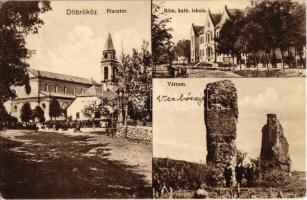1929 Döbrököz, Piac tér, Római katolikus iskola, templom, Werbőczy várrom