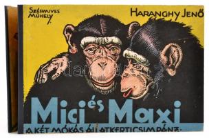 Maci és Maxi. A két mókás állatkerti csimpánz. Haranghy Jenő illusztrációival. Bp., én., Szépmíves Műhely, négy színes tábla. Kiadói haránt-alakú leporelló-kötés, javított kötéssel. Ritka!