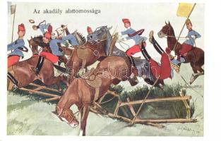 Az akadály alattomossága / Austro-Hungarian K.u.K. military officers art postcard. B.K.W.I. 879-1. s: Schönpflug