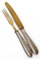 Villa és kés készlet (6-6 db), alpakk-réz nyéllel, jelzés nélkül, eredeti dobozában, h: 15 és 17 cm