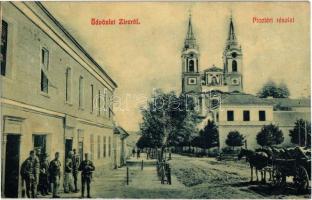 1908 Zirc, Piac tér, lovaskocsi, templom, katonák. W.L. 2801.
