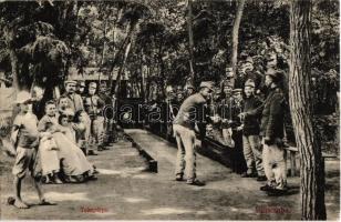 1908 Piliscsaba, Tekepálya tekéző katonákkal. Újhelyi Lajos kiadása / K.u.K. soldiers playing bowling in the military barrack