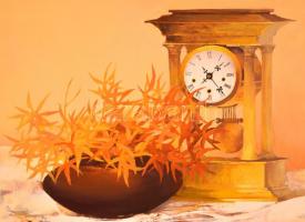 Somogyi-Soma László (1927-2004): Réz óra. Olaj, farost, jelzett, keretben, 60×80 cm