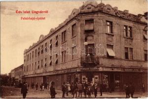 1908 Ungvár, Uzshorod, Uzhorod; Fehérhajó épület, Feuerlicht Testvérek, Kertész Izrael, Jakubek Mihály, Halász Bertalan, Hübschman Lipótné, dohány és szivar üzlet. W.L. 384. / shops