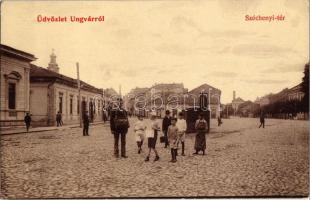 Ungvár, Uzshorod, Uzhorod; Széchenyi tér, Pollacsek Sándor, Heller Éliás és Gerő Jenő üzlete, cipő és kalap raktár, postás és legények. W.L. 379. / square, shops, postman with pageboys