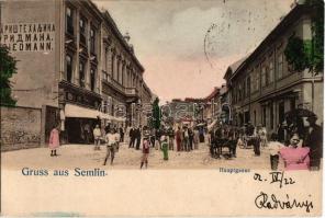 1902 Zimony, Semlin, Zemun; Fő utca, Friedmann üzlete, Kávéház / Hauptgasse, Cafe Brüder / main street, shops, cafe