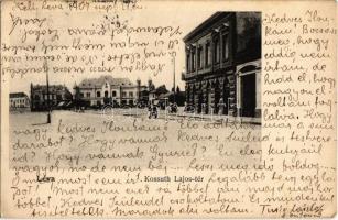 1907 Léva, Levice; Kossuth Lajos tér, piac, Lang Központi szálloda és kávéház, Osztrák-Magyar Bank mellékhelye. Nyitrai és Társa kiadása / square, market, hotel and cafe, bank