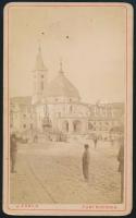cca 1870-1880 Pécs, Széchényi tér a szentháromság szoborral és a dzsámival, J. Exner, keményhátú fotó, 10x6 cm.