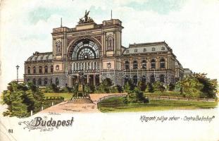 Budapest VII. Központi (Keleti) pályaudvar, vasútállomás, Baross szobor. Art Nouveau, litho (EB)