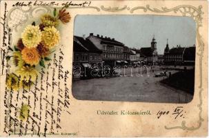 1900 Kolozsvár, Cluj; Mátyás király tér, Gergely Ferenc és Kiss Ernő üzlete, Európa Kávéház. Gibbon Albert kiadása / square, shops, cafe, floral litho (EK)