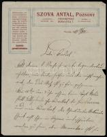 1917 Szova Antal pozsonyi fényképész levélpapírjára írt német nyelvű levél