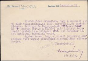 1935 Szolnok, a Szolnoki Vívó Club főtitkárának levele kilépési ügyben, a vármegyeházára címezve