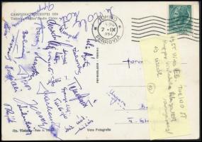 1955 A torinói vizes EB-n résztvevő magyar vízilabda válogatott tagjai és úszók aláírásai levelezőlapon