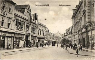 Nagyszeben, Hermannstadt, Sibiu; Disznódi utca, villamos, M. Breckner üzlete, magyar zászlók, Meltzer parfüméria. Jos. Drotleff Nr. 4. / Heltauergasse / street, shops, Hungarian flags, perfumery