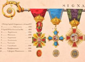 1845 A Szent István rend valamint püspöki változatait bemutató színezett rézmetszetű tábla. 55x29 cm...