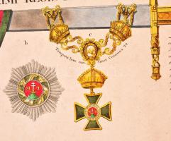 1845 A Szent István rend valamint püspöki változatait bemutató színezett rézmetszetű tábla. 55x29 cm...