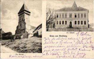 1917 Kürpöd, Kirchberg, Chirpar; Evangélikus templom és iskola. Josef Briegel Fotograf / school and church + Postai Ügyn.