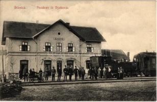 1912 Diakovár, Djakovo, Dakovo; vasútállomás, 5395. sor. sz. gőzmozdony, hajtány, vasutasok / Stanica / Bahnhof / railway station, locomotive, handcar, railwaymen