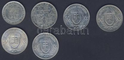 Csehszlovákia 1928. 10K Ag "Masaryk" + 1937. 20K Ag "Masaryk" T:2,2/3 + Szlovákia 1944. 50K Ag "Tiso" (4x) T:2/3,3 ph.